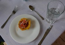 Shrimp salad in plantain basket