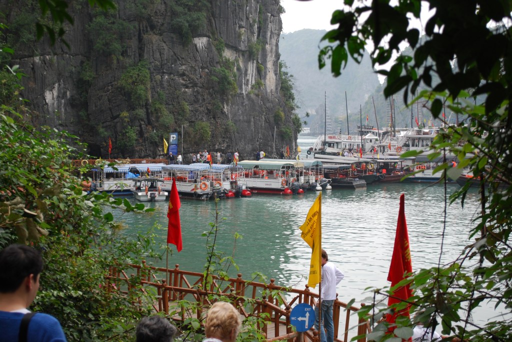 Tenders lined up to take tourists to boats